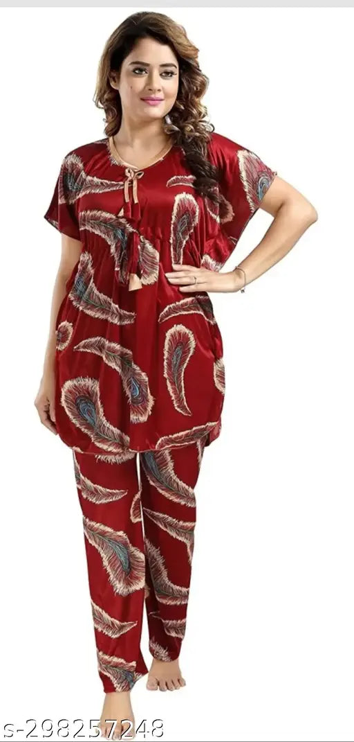 Maroon satin kaftan nightsuit set with printed design, ideal for bridal or fancy nightwear