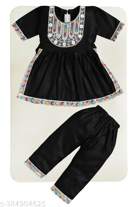 Black & Pink Embroidered Combo A-line Kurta Set for Kids, Crepe fabric, Knee-length, Three-Quarter Sleeves. Exquisite Indian fashion for 0-6 Months to 4-5 Years