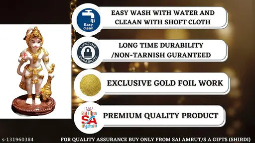 Polymarble gold foil Hanuman ji idol (10cm), Indian religious decor showpiece for home or pooja