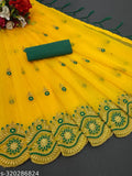Embroidered net sari for women in mustard yellow and sky blue with cutwork border, Indian craftsmanship showcased