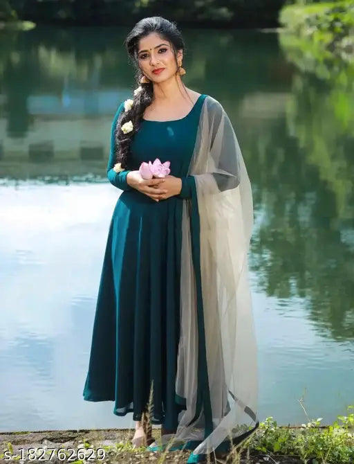 Georgette ramia solid gown with long sleeves, 2m dupatta set, Indian fabric