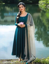 Georgette ramia solid gown with long sleeves, 2m dupatta set, Indian fabric