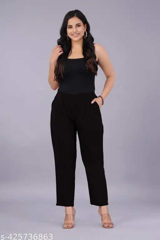 Solid cotton palazzo trousers for women, elastic waistband, side pockets, high rise, slim fitting, made in India