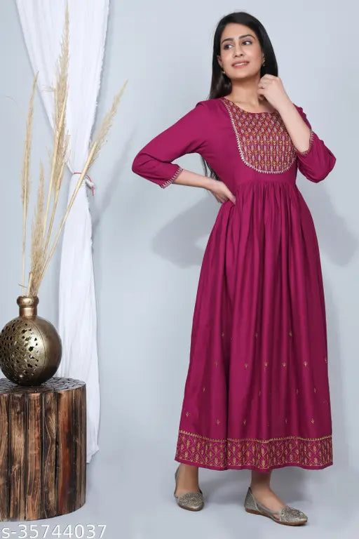 Rayon embroidered flared wine kurta, perfect for festive or party wear