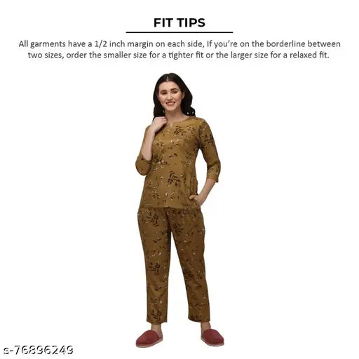 Rayon printed nightwear suit top and pants set, cozy and stylish women's and girls' sleepwear with pockets. Made in India