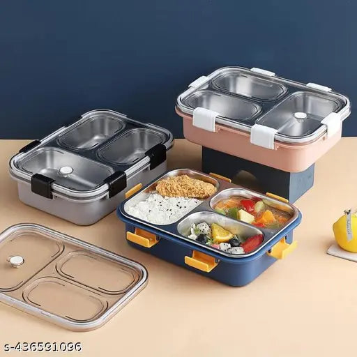 Stainless steel 4-compartment lunch box - leak proof, BPA free, microoven safe for school kids and adults