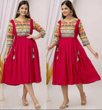 Rayon Anarkali Chinkenkari Printed Kurti with three-quarter sleeves, Indian fashion on model, size S-5XL