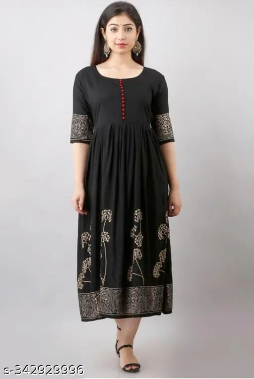 Traditional black rayon anarkali kurta with three-quarter sleeves, flower printed - festive wear for women and girls
