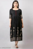 Traditional black rayon anarkali kurta with three-quarter sleeves, flower printed - festive wear for women and girls
