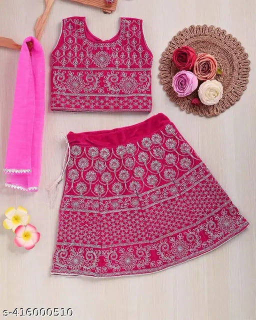 Velvet embroidered kids' lehenga-choli set (9-24 months), Indian handcrafted girls' traditional wear with net dupatta