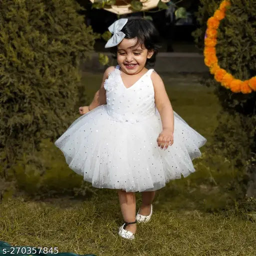 White embellished net frock, sleeveless, 6-12 months, Indian angel dress with pearls