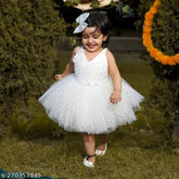 White embellished net frock, sleeveless, 6-12 months, Indian angel dress with pearls