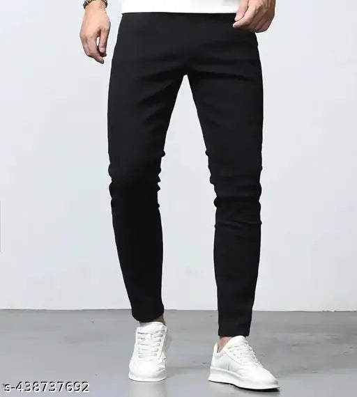 Black stretchable solid cotton denim slim-fit jeans for men, perfect for casual wear. Premium quality denim offers comfort and style