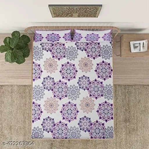 Mosaic printed white base pink blue cotton bedsheet, superfine quality, ethnic motifs for summer adult use