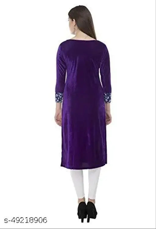 Velvet purple A-line printed winter kurti, three-quarter sleeves, Indian-made women's fashion