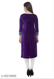 Velvet purple A-line printed winter kurti, three-quarter sleeves, Indian-made women's fashion