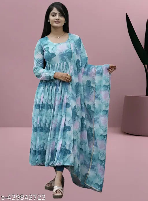 Stylish printed Georgette gown, long-sleeved with duppata, Foxy Havana design, Indian wedding party wear