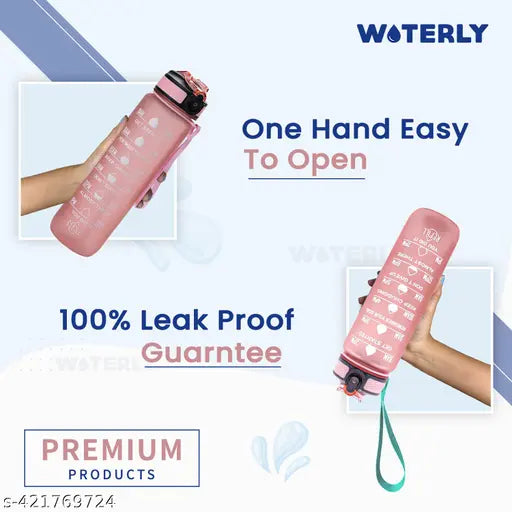 Black BPA-free silicone motivational water bottle, 1Lt leakproof sports bottle with time marker and reminder for gym, office, or travel