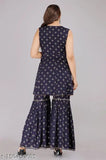 Navy Blue Rayon Sharara Set with Dupatta: Printed, stitched Indian women's kurta and bottomwear" (125 characters)