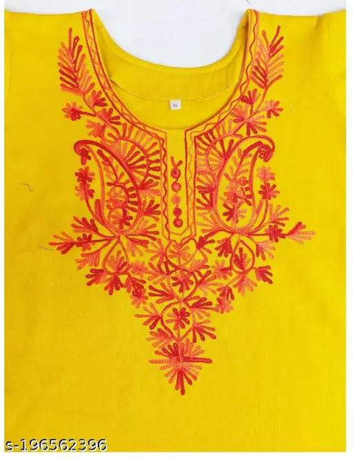 Mustard woolen winter kurti with embroidered design and three-quarter sleeves, premium quality Indian handcraft