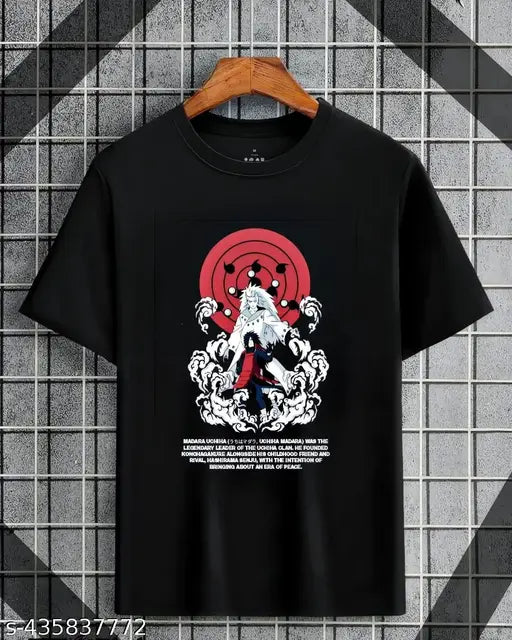 Black cotton Madara Uchiha printed round neck men's anime t-shirt, featuring high-quality print from Naruto series