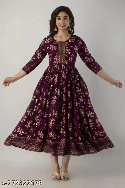 Wine rayon Anarkali kurta set with tassels, hand block print, traditional Indian attire, flared silhouette, S-3XL sizes
