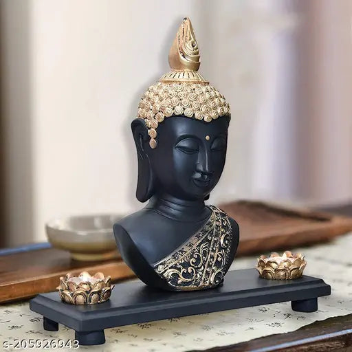 Dark Black & Golden Polyresin Buddha Statue, 31x11x30 cm - Handcrafted decorative home idol from Mariner's Creation, India