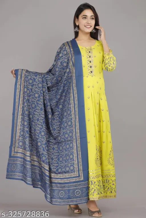 Rayon Anarkali long kurti with dupatta, printed three-quarter sleeves, XS bust size 34in, women's ethnic Indian wear