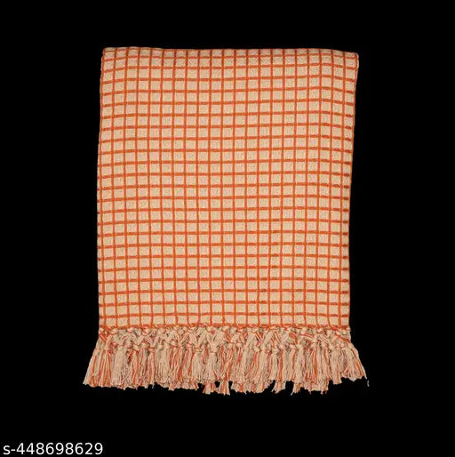 Orange beige waffle throw, checked pattern on cotton net, elegant and reversible Indian craft