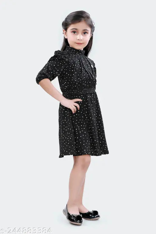 Polka dot printed polyester summer dress, three-quarter sleeves, embellished net design - girls western wear in soft white, India origin