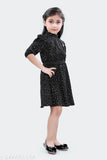 Polka dot printed polyester summer dress, three-quarter sleeves, embellished net design - girls western wear in soft white, India origin