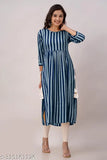 Rayon stripe print A-line kurta for women, three-quarter sleeves, round neck, woven design - India