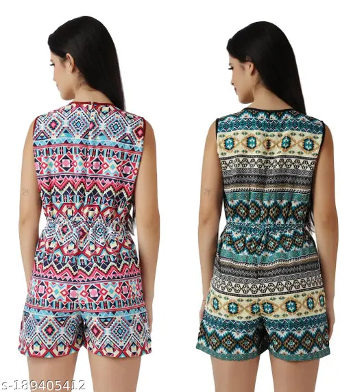 Red-pink printed net crepe women's short jumpsuit, elastic waist, suitable for multiple occasions, India origin