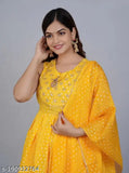 AI Yellow Mulmul Cotton Kurta Set with Dupatta & Bottomwear - Printed, Pack of 3 - XL, XXL - Indian ethnic wear