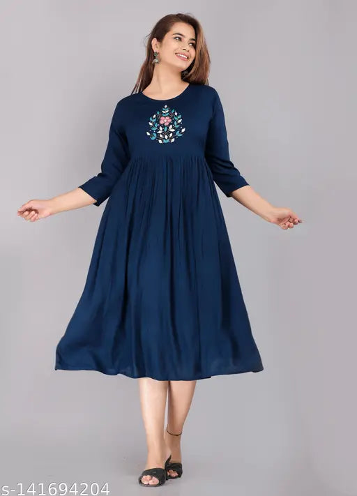 Women's rayon printed Anarkali kurta with three-quarter sleeves. Single color combo in L, XL, XXL sizes for women & girls. Indian fashion wear, daily and working wear