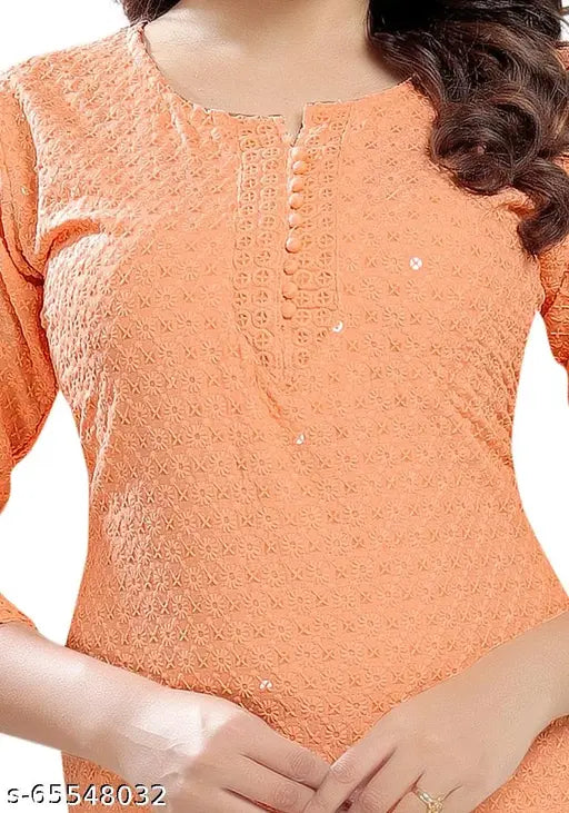 Peach crepe Chikankari women's straight-sequence kurti with three-quarter sleeves, India origin