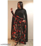 Black Georgette Kurta Set: Floral print kurta, palazzo pants, dupatta - Indian ethnic wear with vibrant red & gray prints