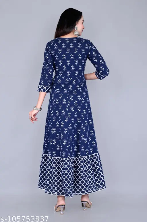 Blue plus size Anarkali kurti with mirrorwork, rayon three-quarter sleeve print combo for women's fashion, India-made