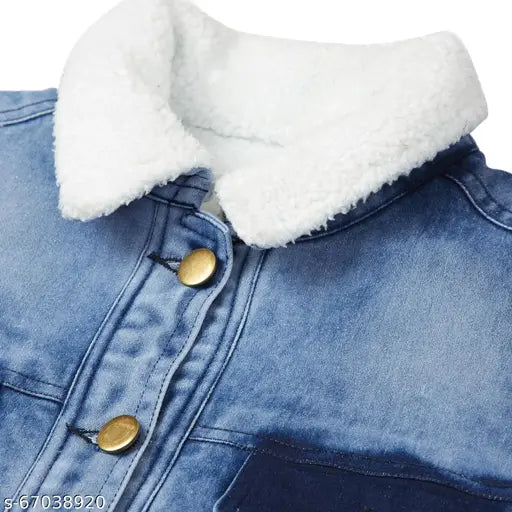 Solid blue denim jacket, women's style with soft faux fur lining and washed pocket effect