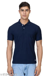 Navy blue cotton blend solid polo t-shirt for men, perfect for work, sports, or casual wear