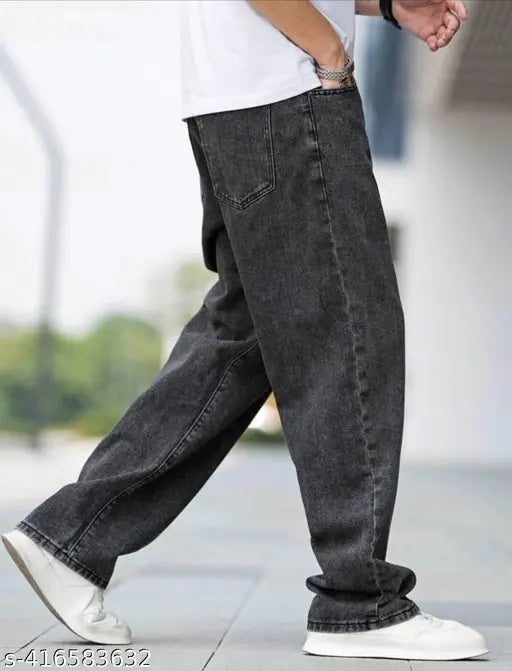 Black denim men's 4-pocket jeans, solid style with a 28" waist, 40" length, and 30" hip. Made in India