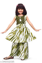 Dyed/washed festive mehndi dhoti kurta set for girl, size 12-18 months, crepe fabric, A-line top and palazzo bottoms, sleeveless, India origin