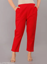 Cotton blend solid net women's pants with elasticized waistband, tapered legs, and 2 side pockets. Made in India