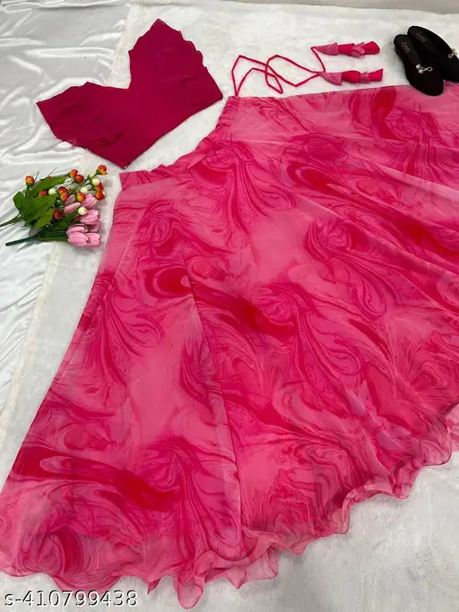 Georgette kids' lengha choli with digital flower print, three-quarter sleeves, fully stitched