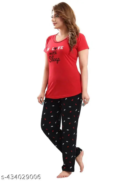 Stylish printed night suit hosiery top and bottom with short sleeves, featuring intricate print design