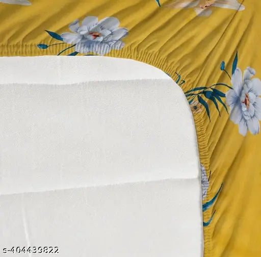 Yellow HIDECOR 280 TC microfiber fitted double floral elastic bedsheet with 2 pillow covers - ideal for summer, easy to tuck-in, standard size 72 x 78 inch / 182 x 198 cm