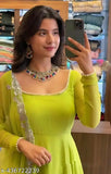 Green georgette women's Anarkali gown and dupatta set, featuring full sleeves and round neck. Perfect for outdoor events, parties, or weddings." (108 characters)