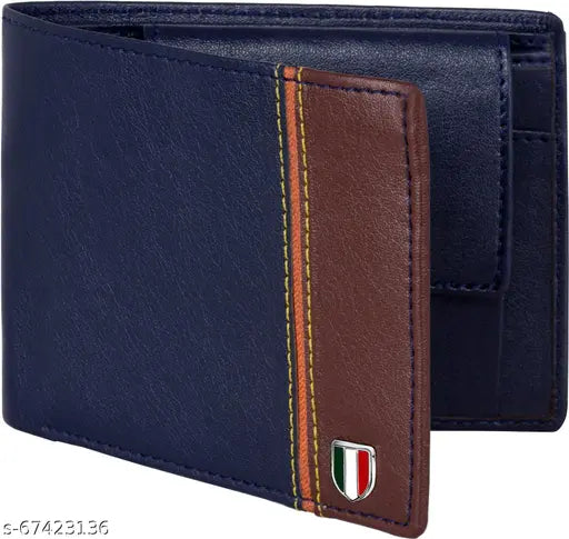 Blue brown leather men's wallet, solid pattern, free size, made in India