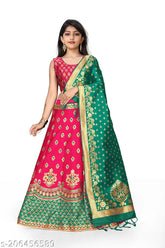 Chanderi Silk Banarasi Jacquard lehenga, blouse & dupatta set - Indian bridal wear for ages 8-15 years, machine washable