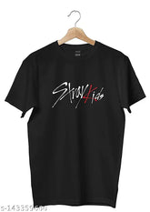 Black cotton blend t-shirt with RENOWNED Stray Kids quote print, made for men